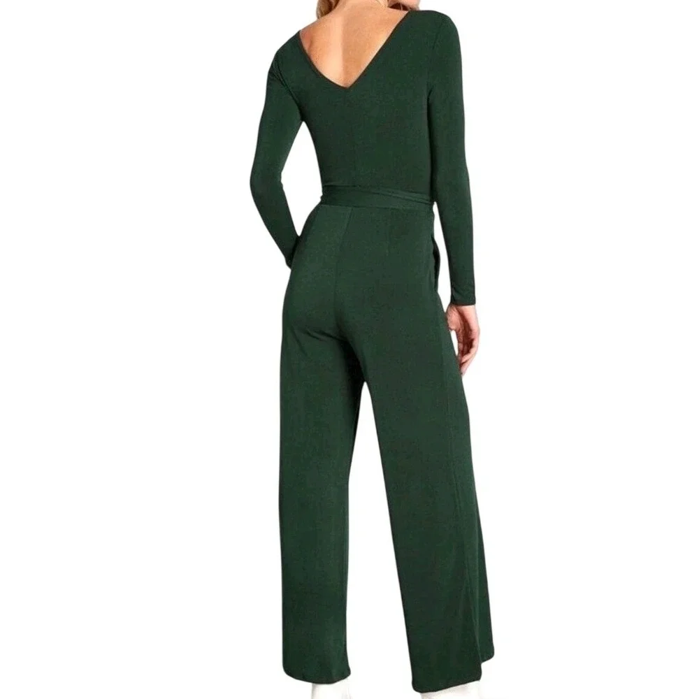 NWT ModCloth Dark Green Surplice Long Sleeve Wide Leg Jumpsuit XXS‎ Retro Party